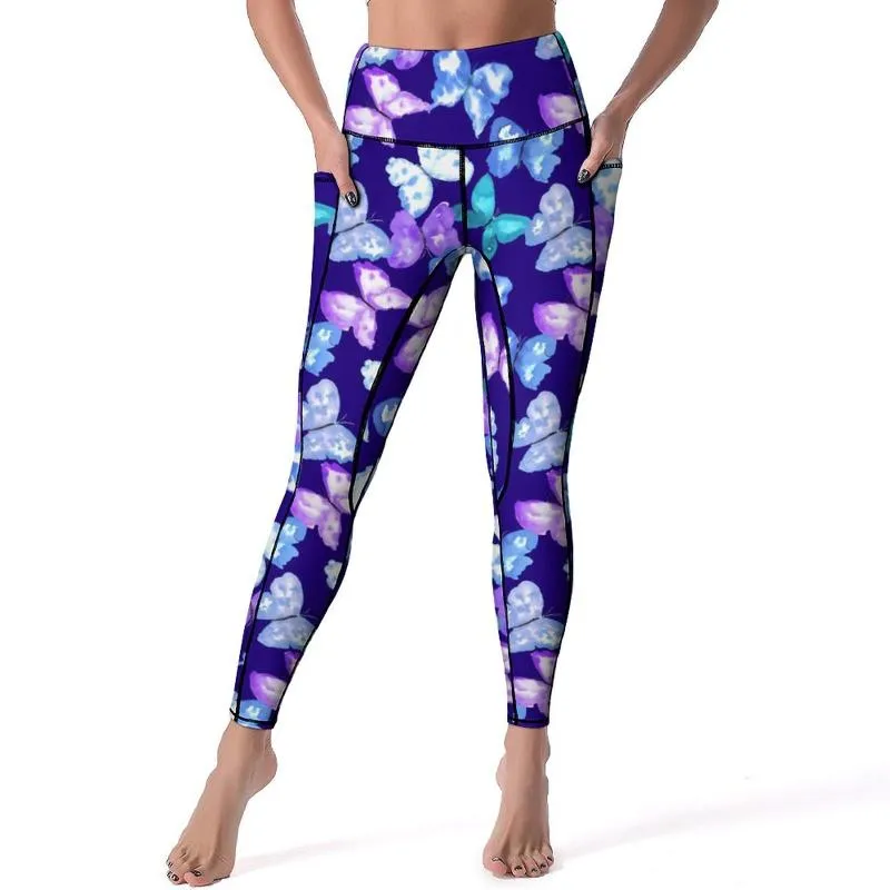 Blue Butterfly Leggings With Pockets Quick Dry, Aesthetic, Push Up