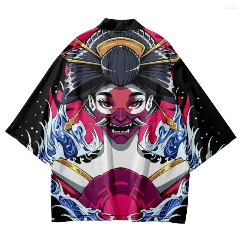 Roupas étnicas Desenhos animados Japão Beleza Prajna Impresso Preto Streetwear Casual Japonês Kimono Beach Shorts Yukata Harajuku Cardigan