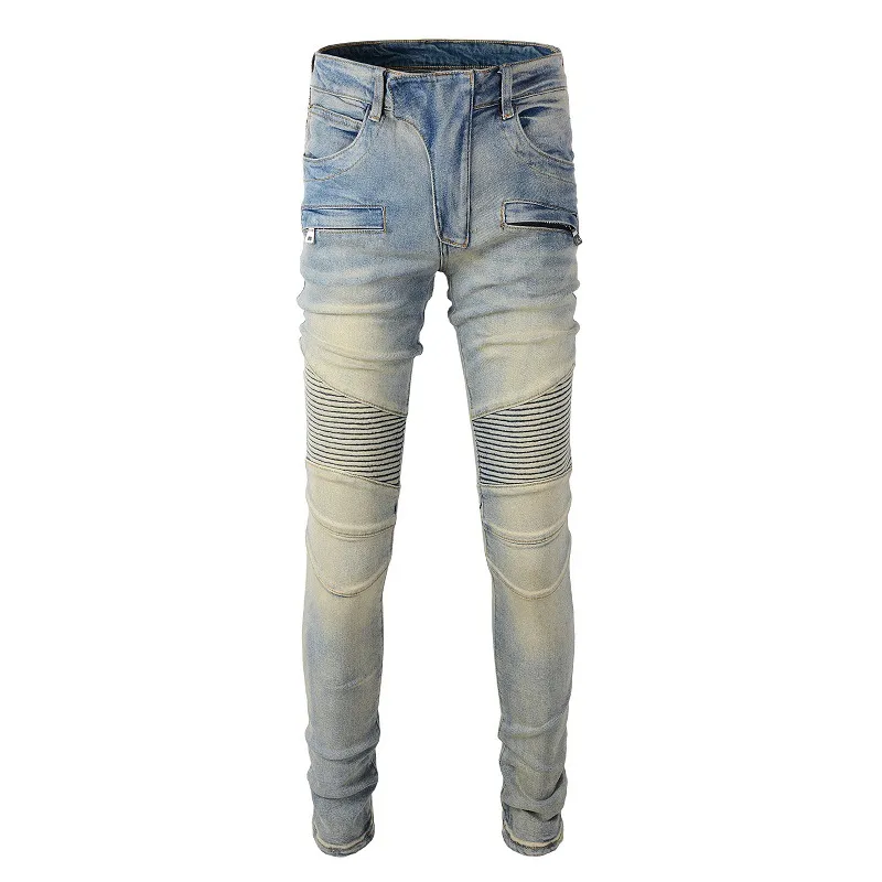 Calças de brim de motociclista de remendo rachado masculino streetwear plissado retalhos estiramento denim calças buracos rasgados angustiado magro cônico calças