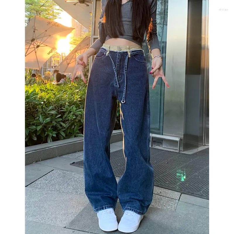 Jeans femminili Pantaloni larghi a cintura vintage blu Fashion streetwear chic Y2K denim 2024 Summer Straigh Straigh Wide Gambe