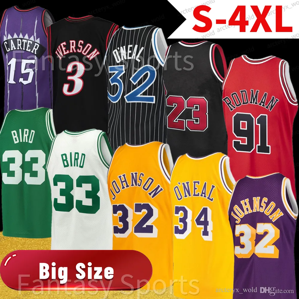 Custom Big Size 4xl 3xl Men Jersey de basquete infantil Larry Bird Vince Carter Shaq Oneal Allen Iverson Dennis Rodmam Johnson amarelo roxo vermelho #3 15 33 23 24 34 91