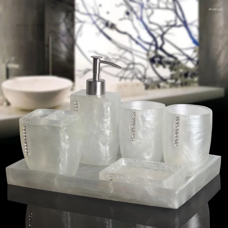 Bath Accessory Set Pearl Texture Resin Products Five-Piece Wedding Bathroom Accessories Soap Bottle Dispenser Dish Gargle Cup