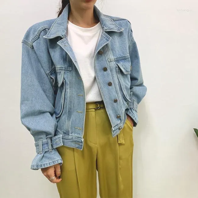 Vestes Femmes Veste en jean pour femmes 2023 lâche simple boutonnage col rabattu manches bouffantes vintage mode coréenne manteau court