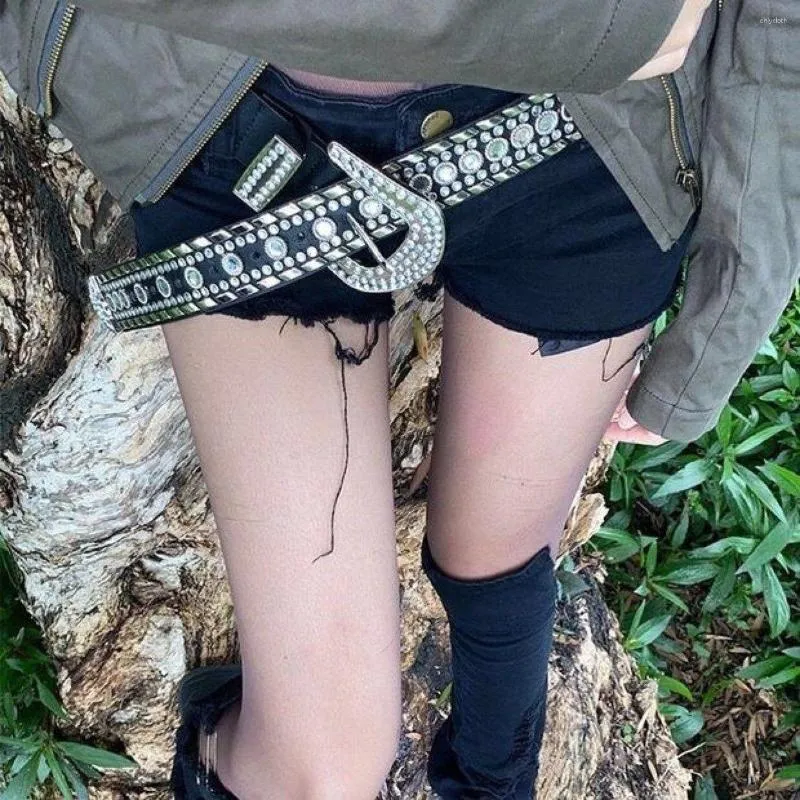 Belts Japanese Korean Harajuku Cool Girl Gothic Punk Leather Shinning Rhinestone Y2K Fashion Vintage Pin Buckle Belt For Jeans