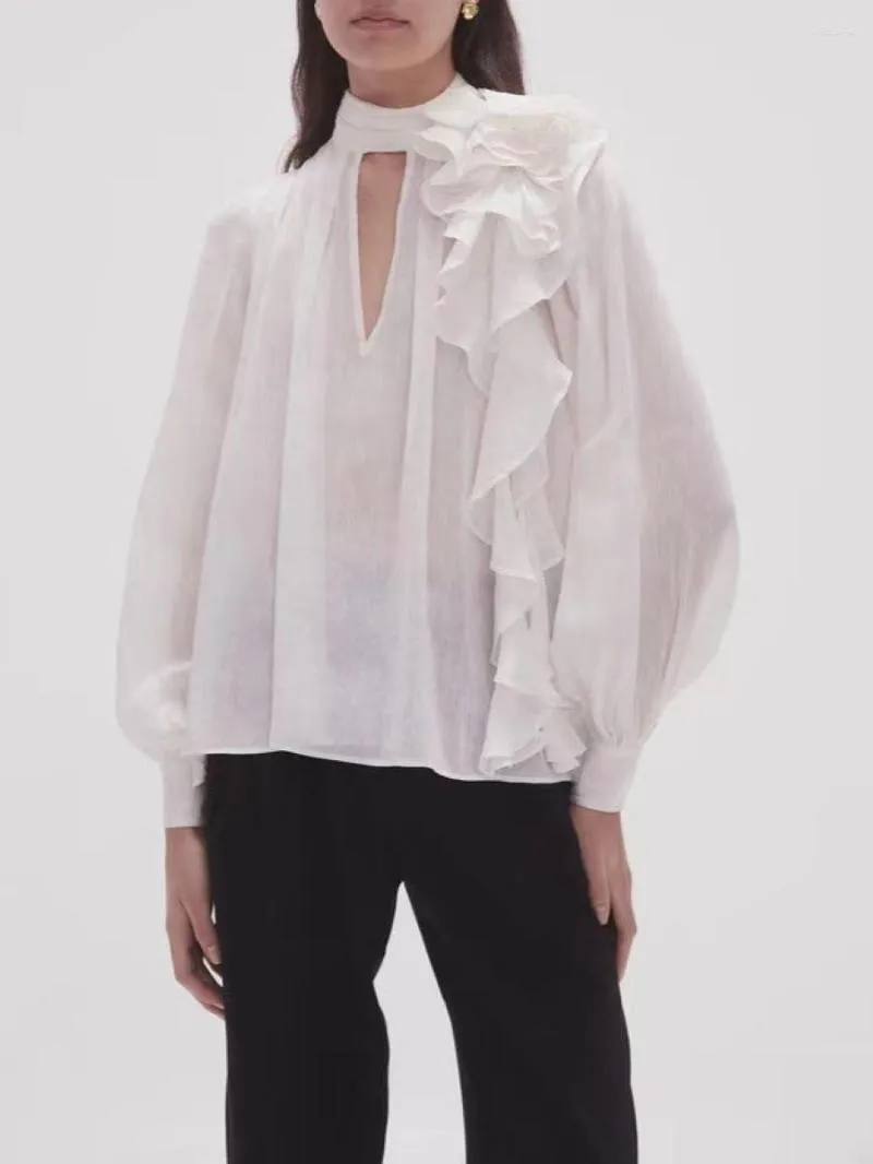 Damesblouses Bloemruches Lintblouse voor dames V-hals Pofmouwen Elegant zijden linnen overhemd