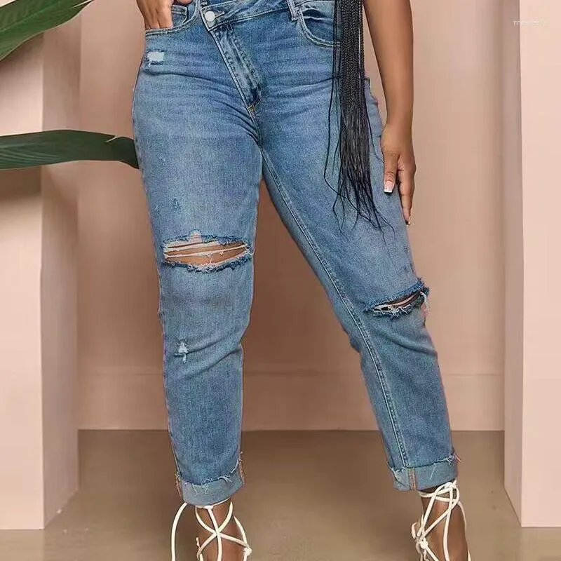 Women's Jeans Ripped Cutout High Waist Asymmetrical Hand Frayed Cuff Slim Fit Women Spring Summer Pocket Autumn Ankle Length