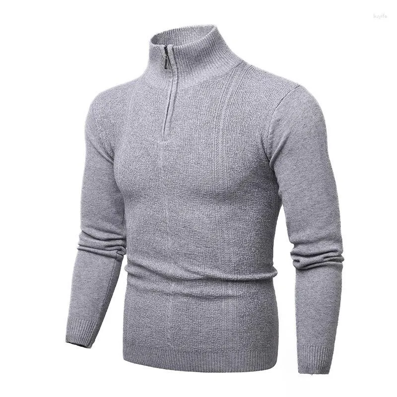 Men's Sweaters Basic Knitted Pullovers Sweater Men Casual Cotton Mock Neck Warm Mens Fashion Solid Color Quality Stripe Male