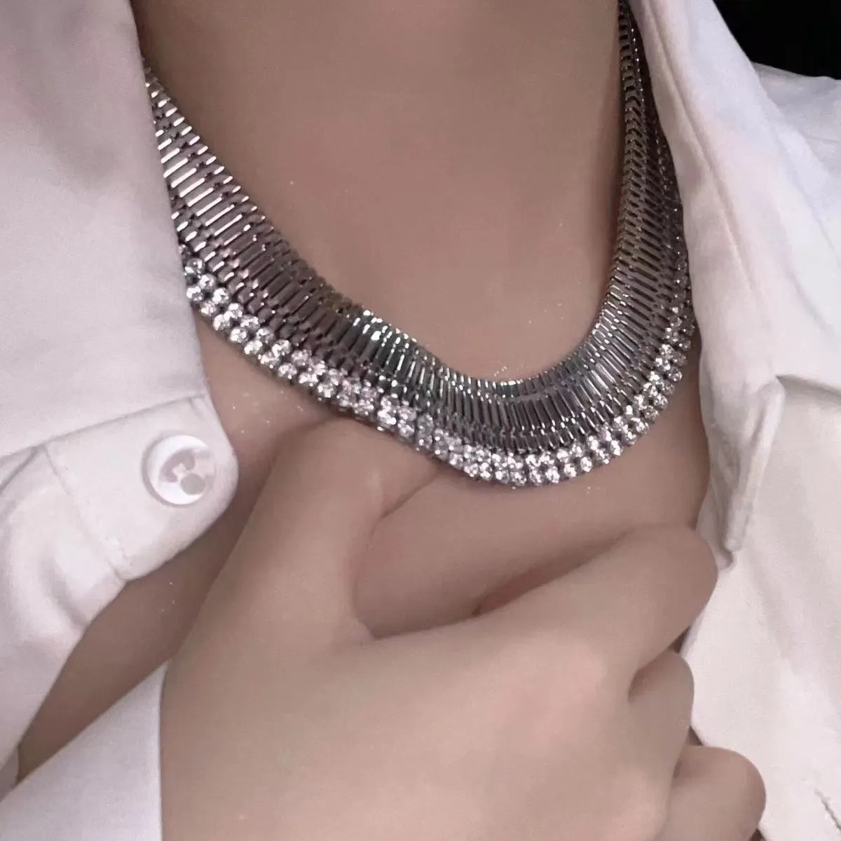 Diamant Wide Big Pendant Necklace Gold Filled Fine Jewelry Choker Double Row Hardware Designer Locket Bangle Women Par Fashion Silver