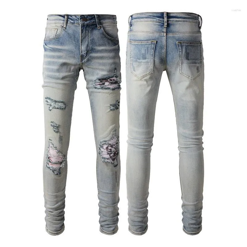 Mäns jeans blå kvalitet gata män mode orolig casual blyerts cyklist mager denim byxor stretch förstörda bandana revben