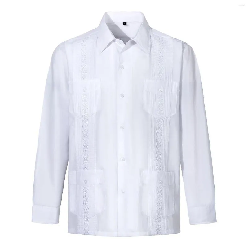 Camisas masculinas Guayabera Manga Longa Botão Up Praia Cubana Casual Camisa Bordada Pizza Planet