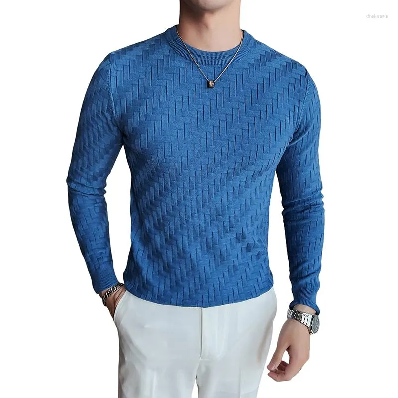Men's Sweaters 2023 Stretchable Jacquard Woven Winter Crew Neck Sweater Slim Fit Pullover Knitwear Blue Fashionable Check Pattern