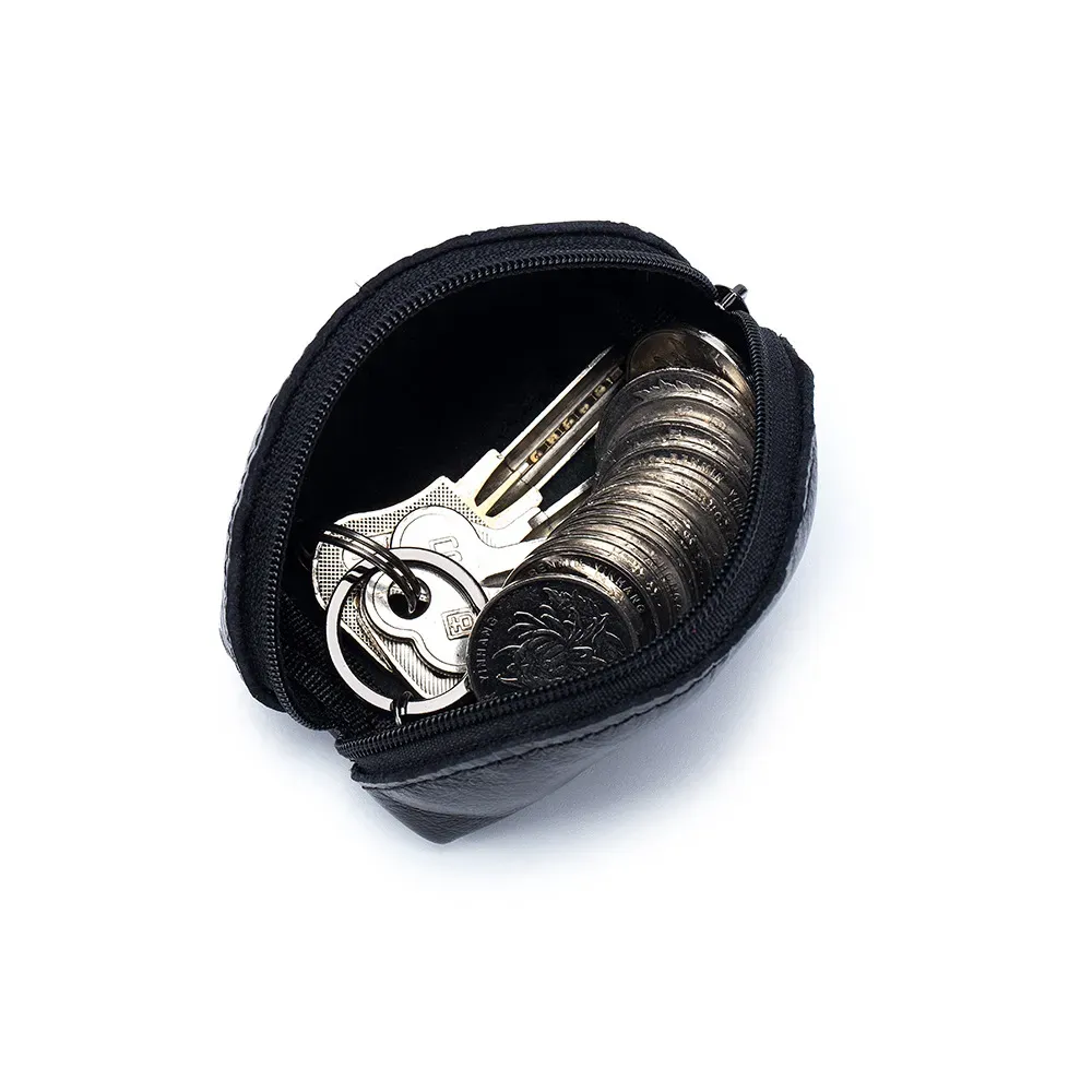 Black Genuine Leather Small Coin Purse & Card Wallet – Zippered Key Holder, Unisex