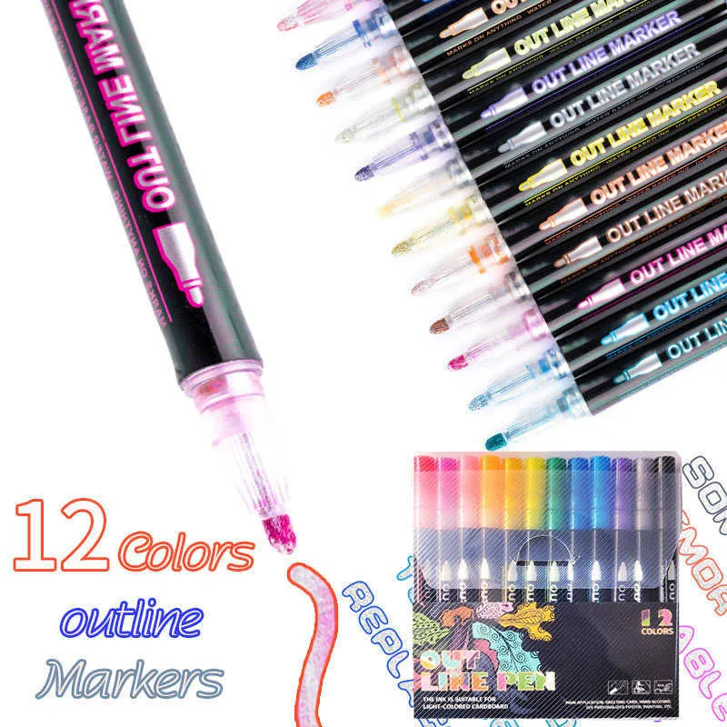 8/12 colori/set penna artistica con contorno doppia linea pennarelli glitter fluorescenti per la creazione di cartoline auguri di compleanno pittura