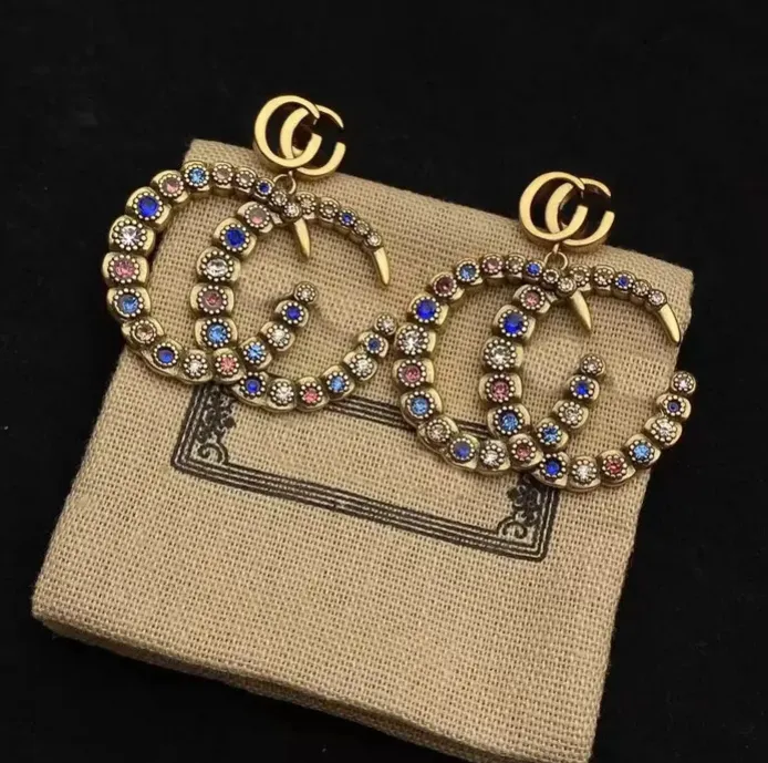 Nuovo marchio di moda orecchino colore diamante doppia lettera G ottone materiale personalità orecchini donne gioielli firmati festa di nozze di alta qualità con scatola