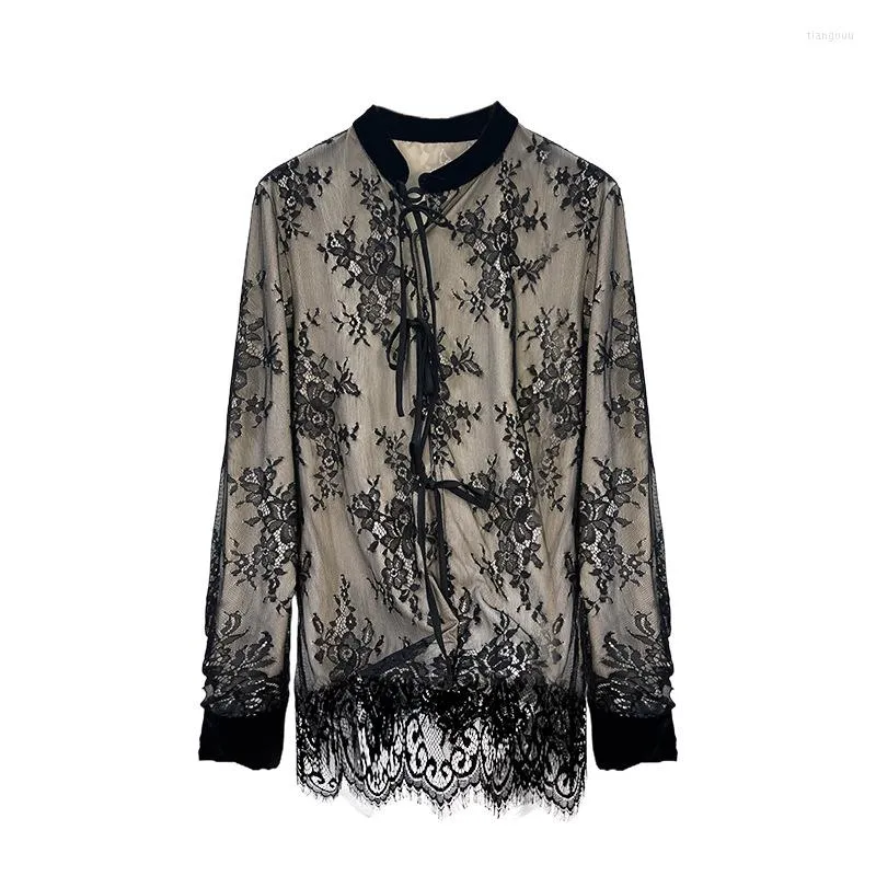 Women's Blouses 2023 Spring Fashion Style High Quality Women Velvet Hollow Out Mesh Patchwork Long Sleeve Sexy Black Lace Tops Blouse