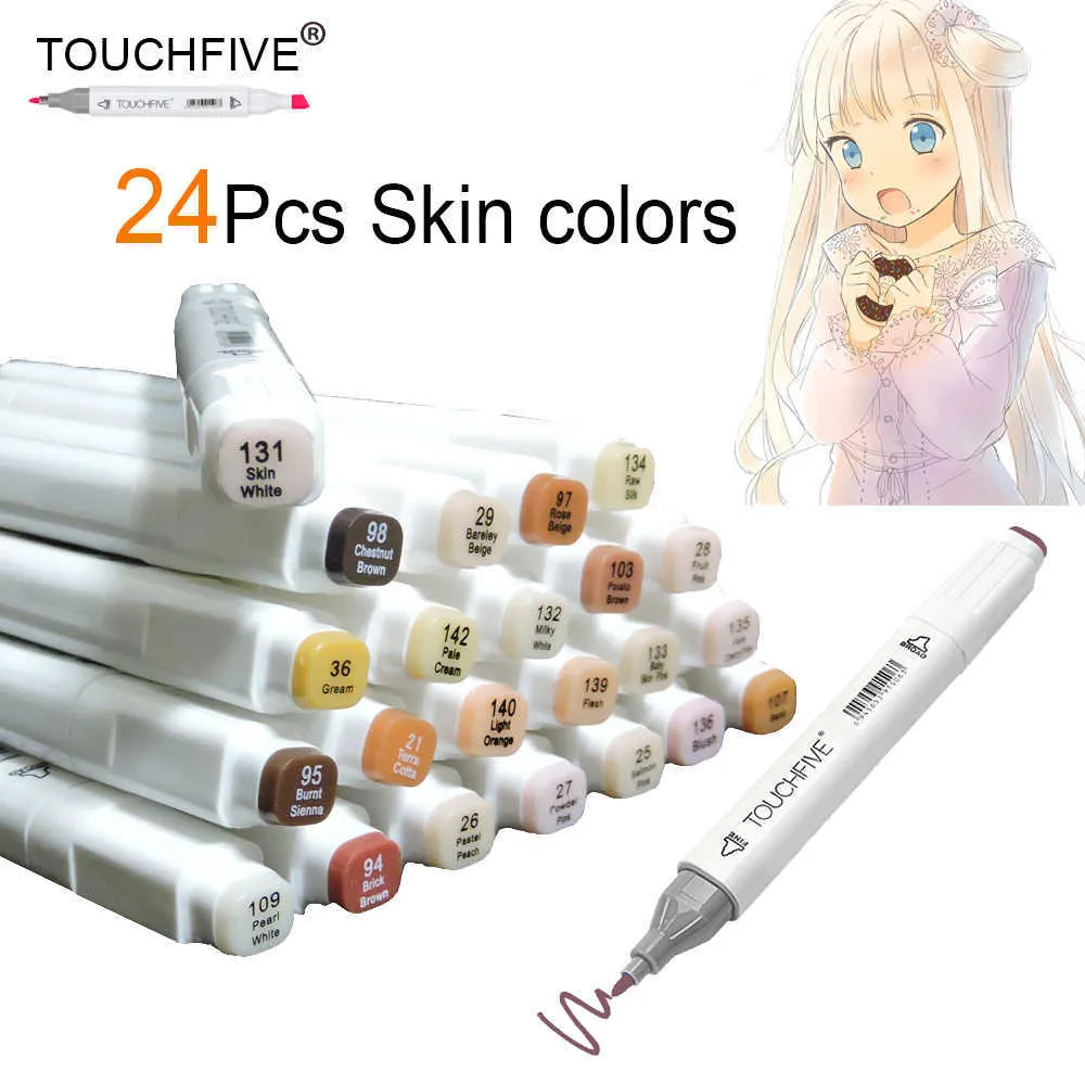 Touchfive 24 kleuren schets huidtonen marker pen kunstenaar dubbele kop alcoholgebaseerde manga -kunstmarkers penseel pen kunstbenodigdheden