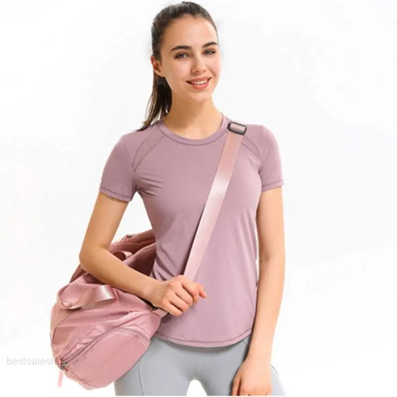 Lu Lu Lemens nouveaux vêtements de yoga d'été pour femmes à manches courtes sports de fitness séchage rapide motif filé air élastique T-shirt vêtements bon haut