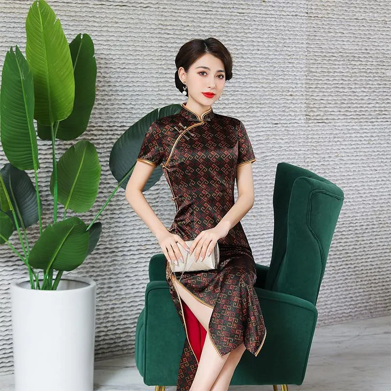 Etnische kleding Qipao Dress Vintage Mulberry Silk Gedrukt Evening Banquet Lange Chinese stijl Cheongsam Dagelijkse retro orient Elegante Vesridos