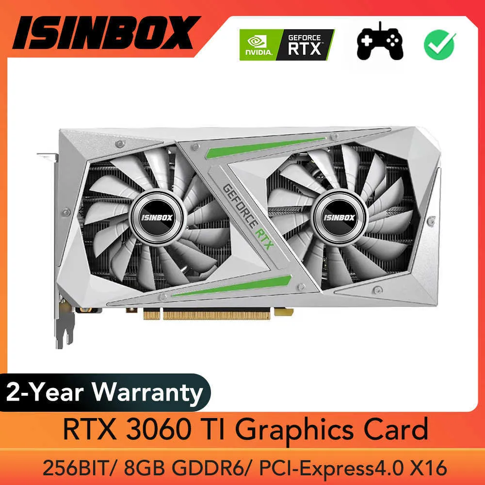 ISINBOX RTX 3060 TI Tarjeta gráfica 8Gb 256bit GDDR6 Tarjeta de video para juegos para NVIDIA GeForce RTX 3060TI PCI-E4.0 X16 3 DP HD PC GPU