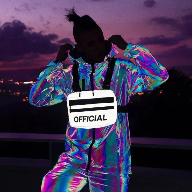 Ny-bröstväskor Hip Hop Tactical Streetwear Laser midjepåse Kvinnor Disco Party Luminous Reflective Chest Rig Bags249h