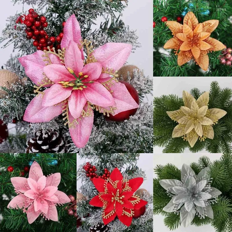 クリスマスの装飾13cmキラキラポインセチア花の花の花の装飾的なクリスマスツリーフラワー装飾品ウェディングパーティースプリングフェスティバルP15F