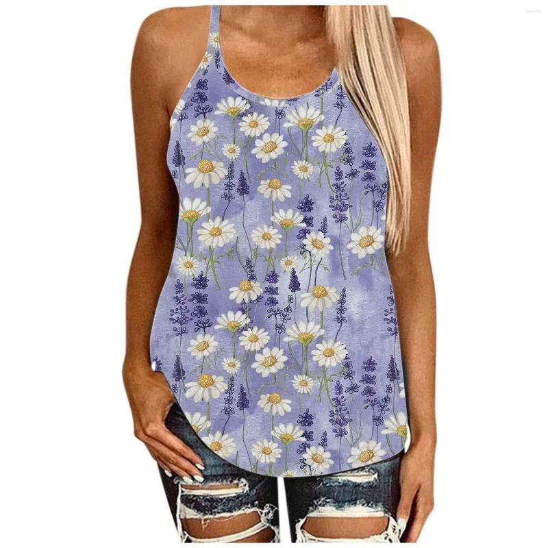 Women's Tanks Women's Sun Flower Print O-Neck Sleeveless Sexy Blouse Vest Fashion Tank Tops