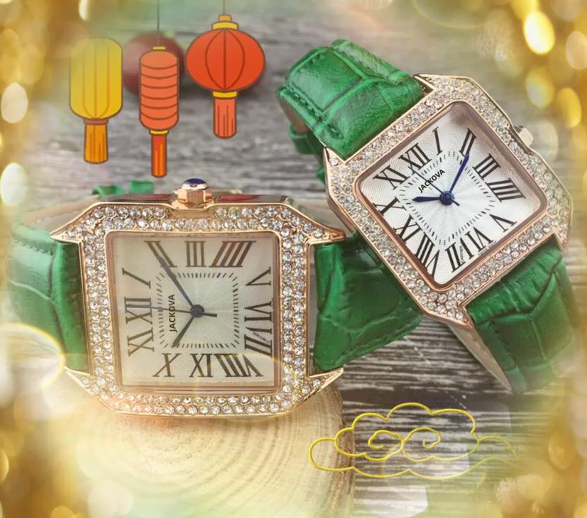 Couple carré cadran romain montre de luxe mode cristal diamants bague hommes femmes ceinture en cuir véritable quartz noyau dames femme mâle montre de luxe montres-bracelets cadeaux