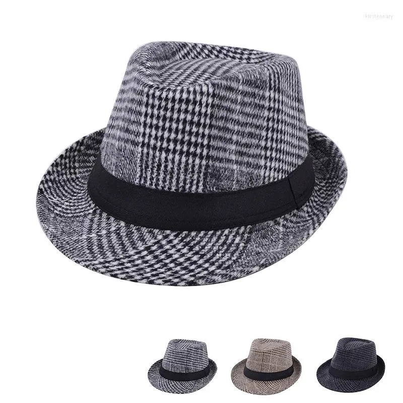 Bérets Classic Grid Hommes Hiver Feutre Chaud Fedora Chapeaux Gentleman Jazz Cap Mâle Classique À Court Bord PanamaTop Chapeau Casquettes De Fête Pour Femmes