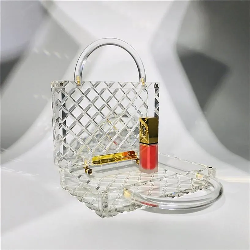 Designers de qualidade bolsa Bolsa de diamante Lattice acrílico bolsas bolsas cristalinas de gestão acrílica Crystal Crossbody Designer Bucket Burse Tran278a