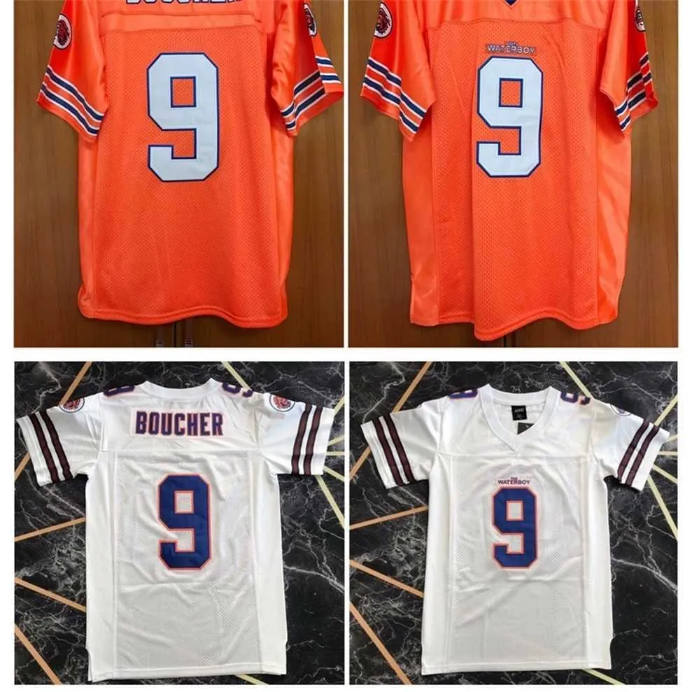 QQQ8 저렴한 Waterboy 영화 유니폼 #9 Bobby Boucher Jerseys Orange White Blue 정통 축구 자수 S 최고 품질 1