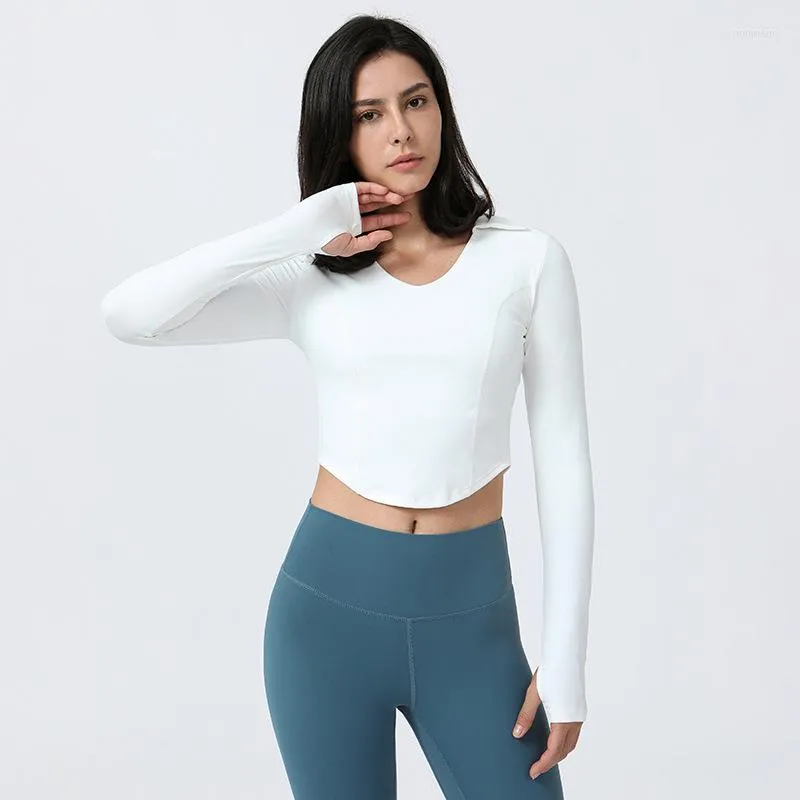 Chemises actives Couleur unie à manches longues haut court femmes revers chemise de Yoga sport sport serré T-shirt à séchage rapide avec pouce Jack vêtements de Fitness