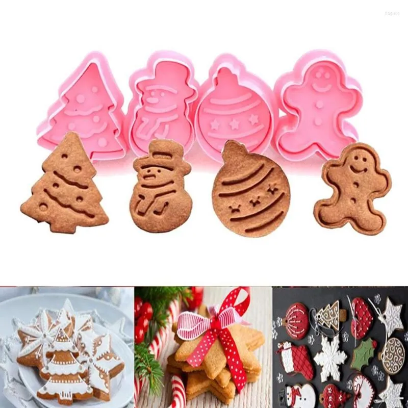 Bakvormen 4 stks/set kerstkoekje mal koekjesstempel persbare plunjeregaf fondant cake decoratie xmas boom peperkoek man