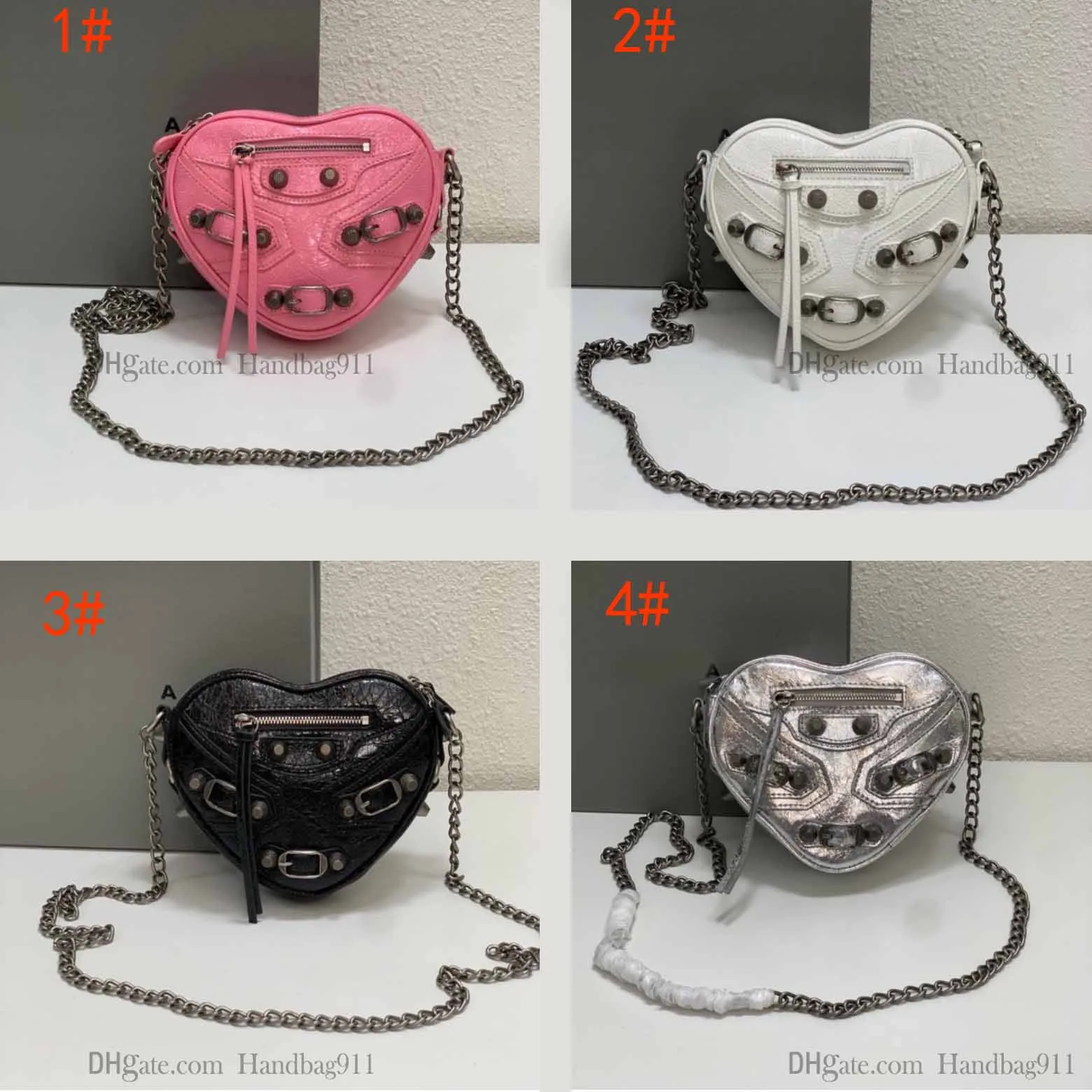 2023 Designer Le Cagole Heart Shaped Shoulder Bags Bright Calf Leather Motorcycle Style Cross Body Bags Silver Hardware Rivet Handbags Valentine s Day