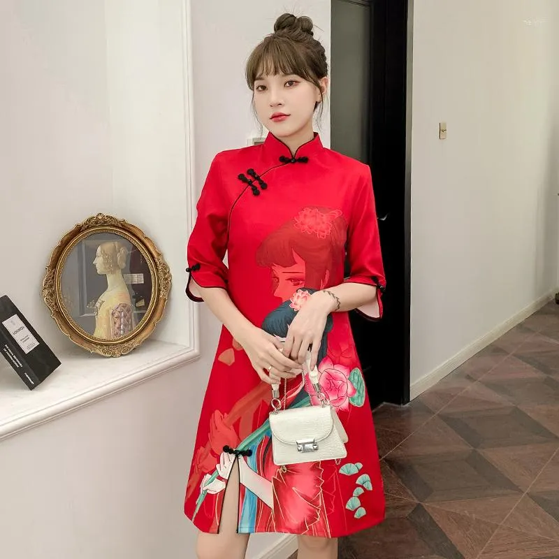 Roupas étnicas aprimoradas Cheongsam Mulheres Stand colar fivela vintage estampa vintage manga de três quartos Mini vestido de estilo chinês qipao dd156