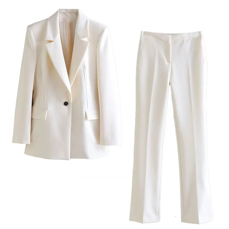 Dwuczęściowe spodnie szykowne biuro mody kobiety pojedyncze guziki biały blezer vintage długi rękaw Slim Fit Ladies Stylowe topy 221231