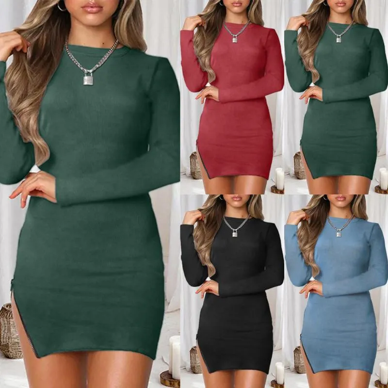 Casual Dresses Business Dress for Women Office Autumn Winter Solid Color Round Neck Long Sleeve Zipper Bag Hip Ben Pants