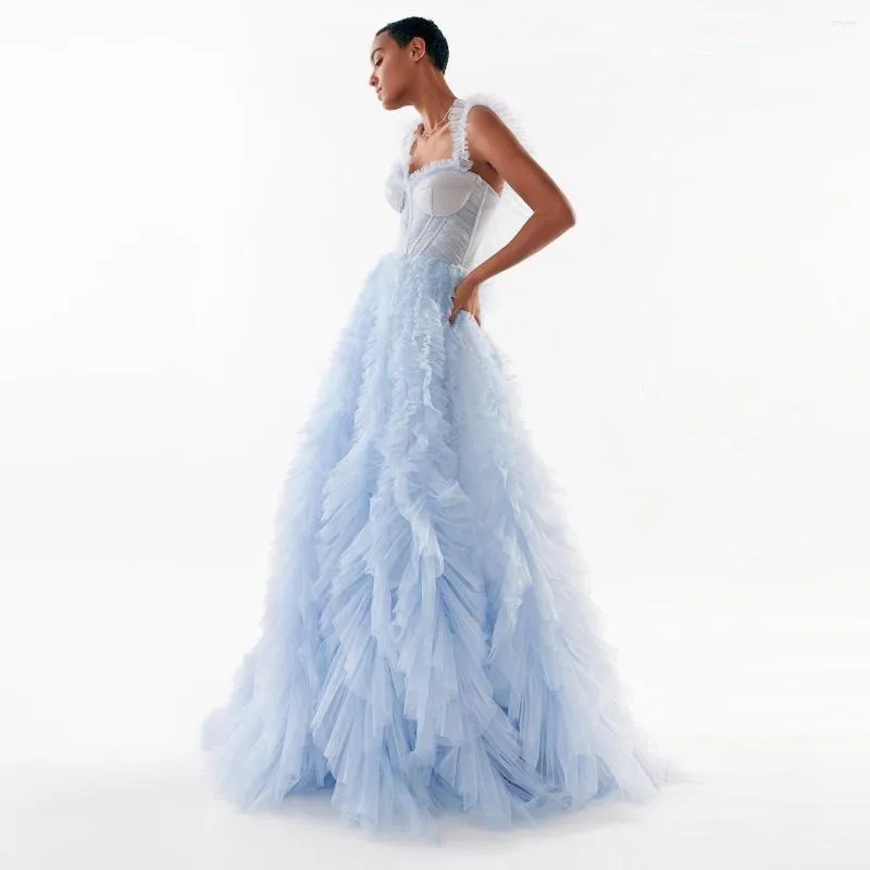 Casual Dresses Custom Made Formal Sweetheart Lush Poshoot Sky Blue Layed Tulle Prom Gowns Flare Sexig Extra Ruffle Spaghetti