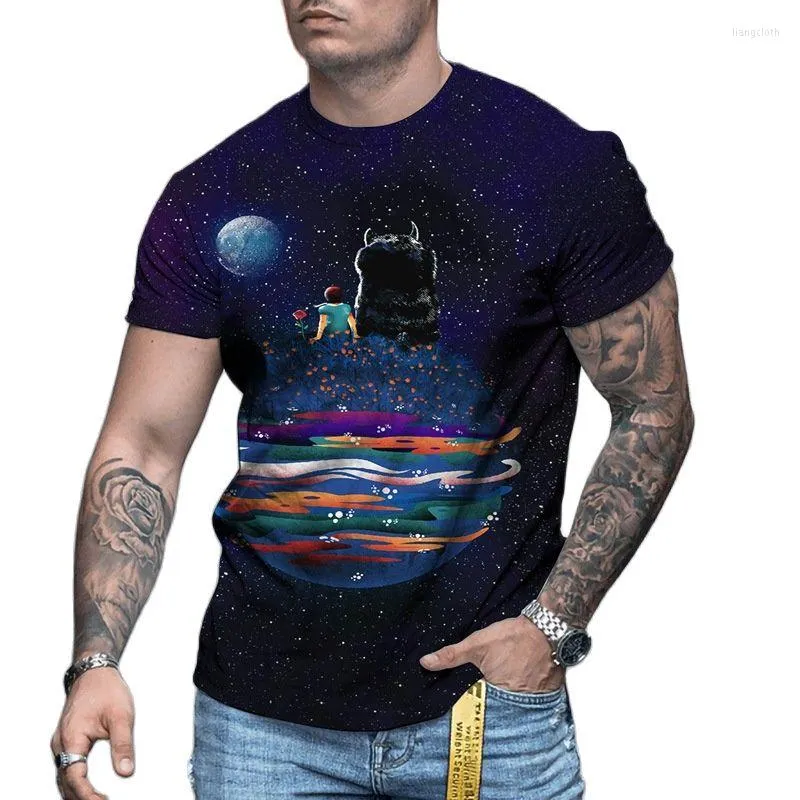 Erkekler Tişörtleri Yaz Kısa Kollu Modaya Gizli Erkek Gömlek Üstler 3D Sanatsal Renk Yıldızlı Gökyüzü Dünya Baskı Tişörtleri Erkek Boy Tee