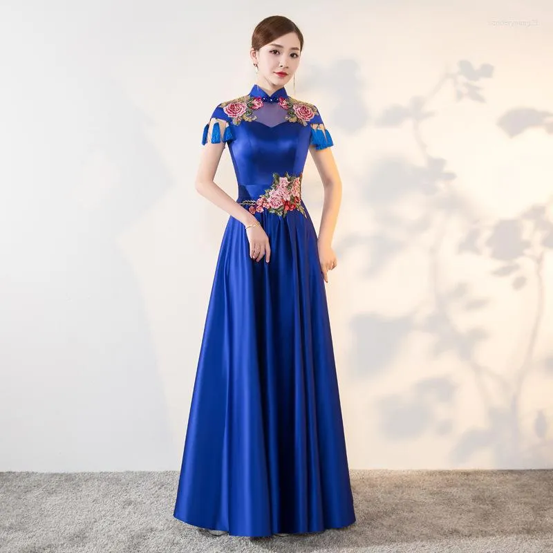 Ethnische Kleidung, Qipao, Stickerei, Abendkleider, lange Cheongsams, chinesisches Hochzeitskleid, China-Cheongsam, blaue Prinzessin, Abschlussball, orientalisch