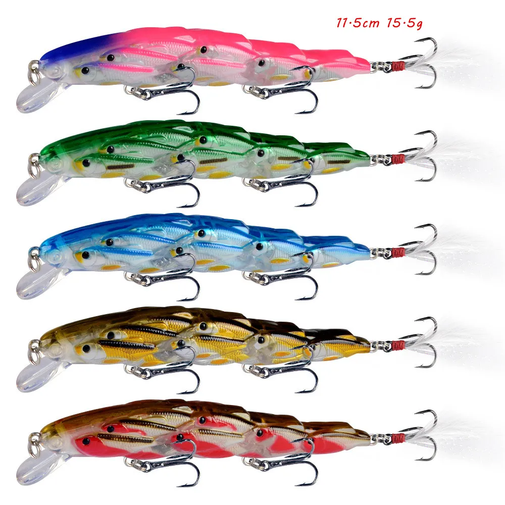 11,5cm 15.5g Minnow Hook iscas duras iscas 6# ganchos agudos 5 cores engrenagem de pesca plástica mista 5 peças / lote B-2