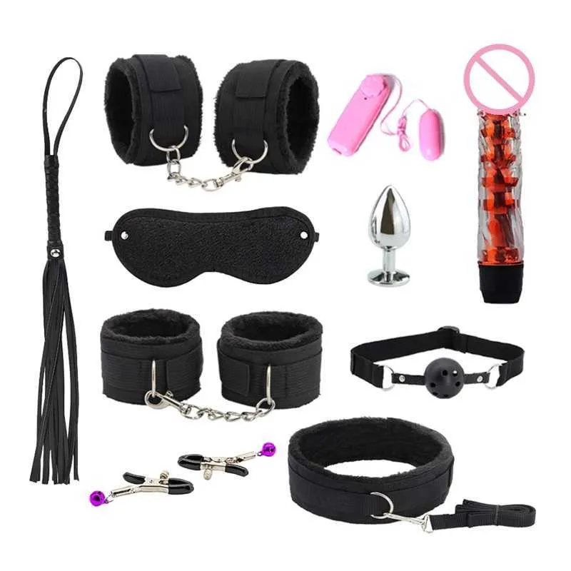 뷰티 아이템 10pcs 커플 성인 게임 에로틱 BDSM 키트 속박 수갑 채찍 SM BDSM 장난감 플로그거 whips new