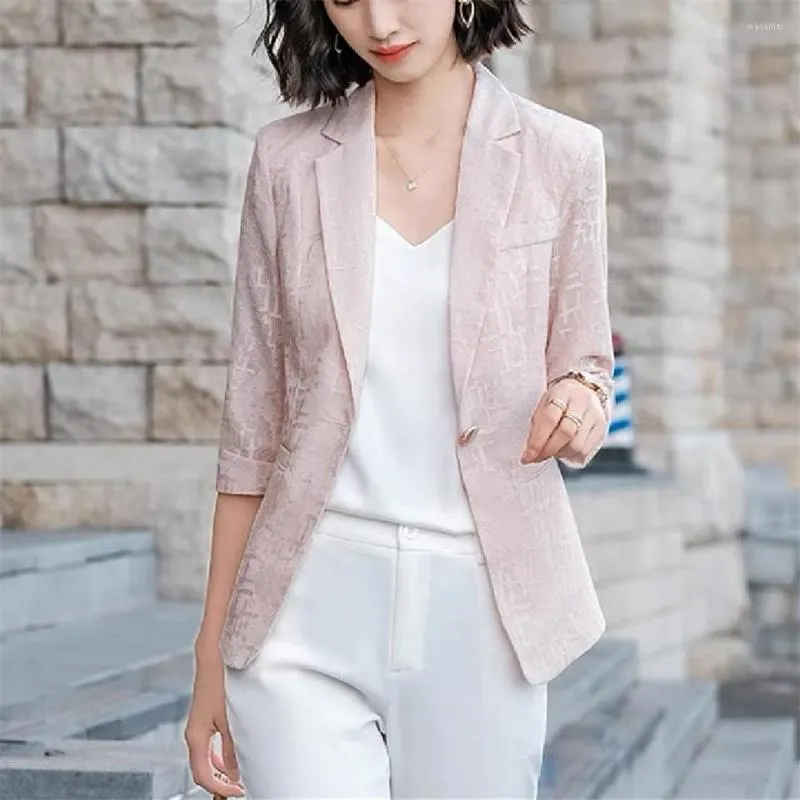 Damenanzüge Sommer rosa kurze Spitze aushöhlen Frauen Blazer Jacke weiblichen Frühling Mode schlanke lässige dünne Büro Business Mantel Blazer