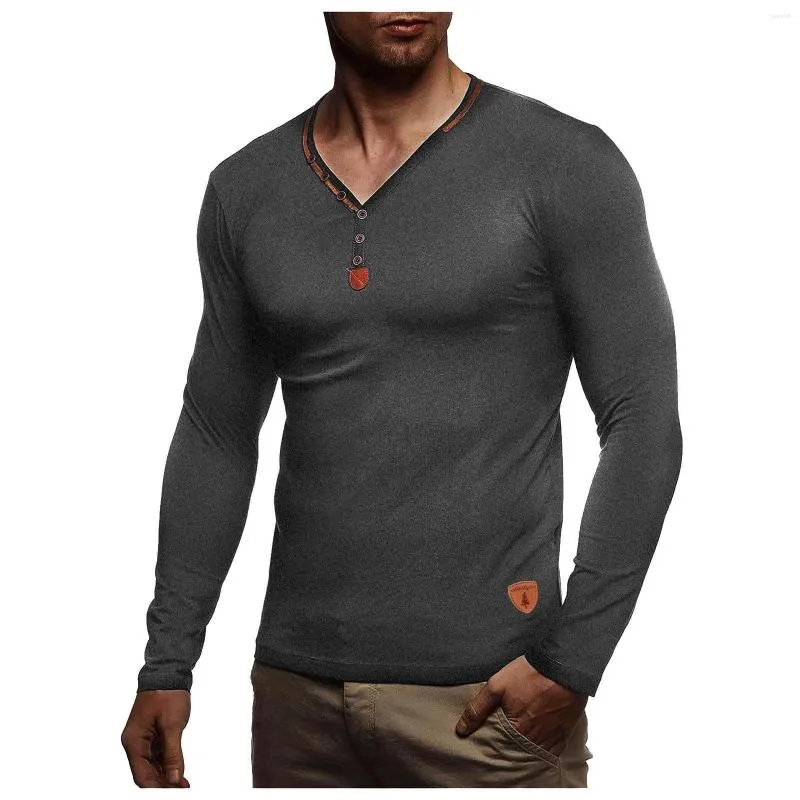 Herr t-skjortor herr lim passar manlig skjorta höst och vinter multi-knapp med standard fast färgknapp v-ringning långa ärmar grundläggande
