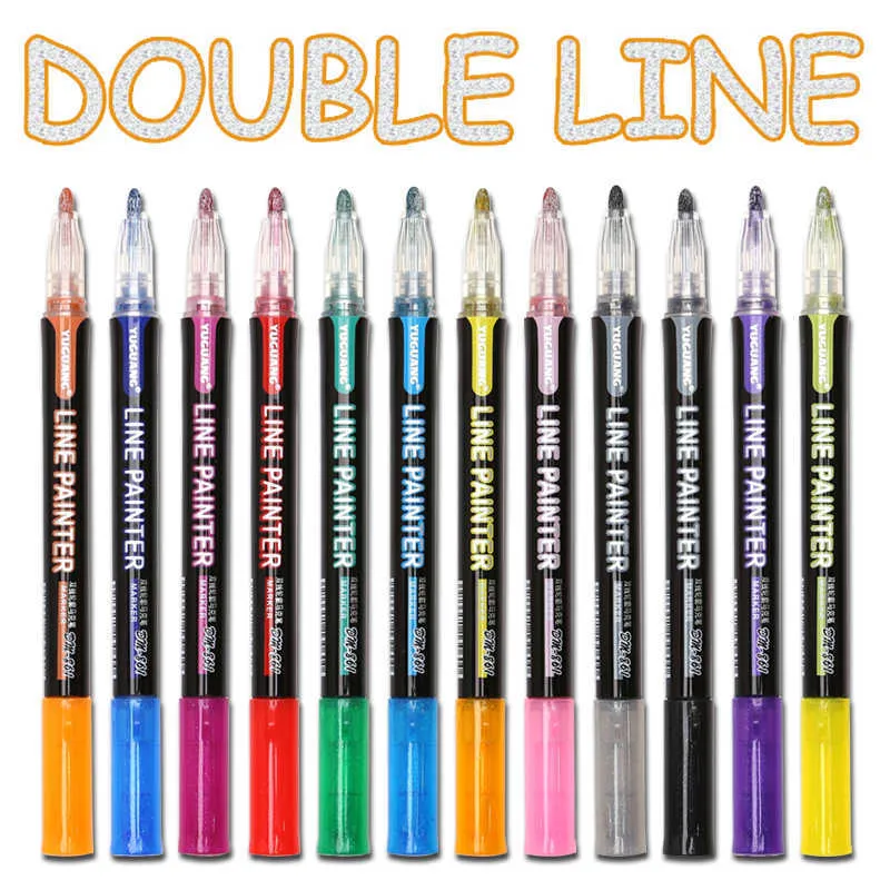 8 /12 Pcs Outline Paint Marker Pen Double Line Diy Album Scrapbooking Metal Glitter for Drawing Painting Doodling