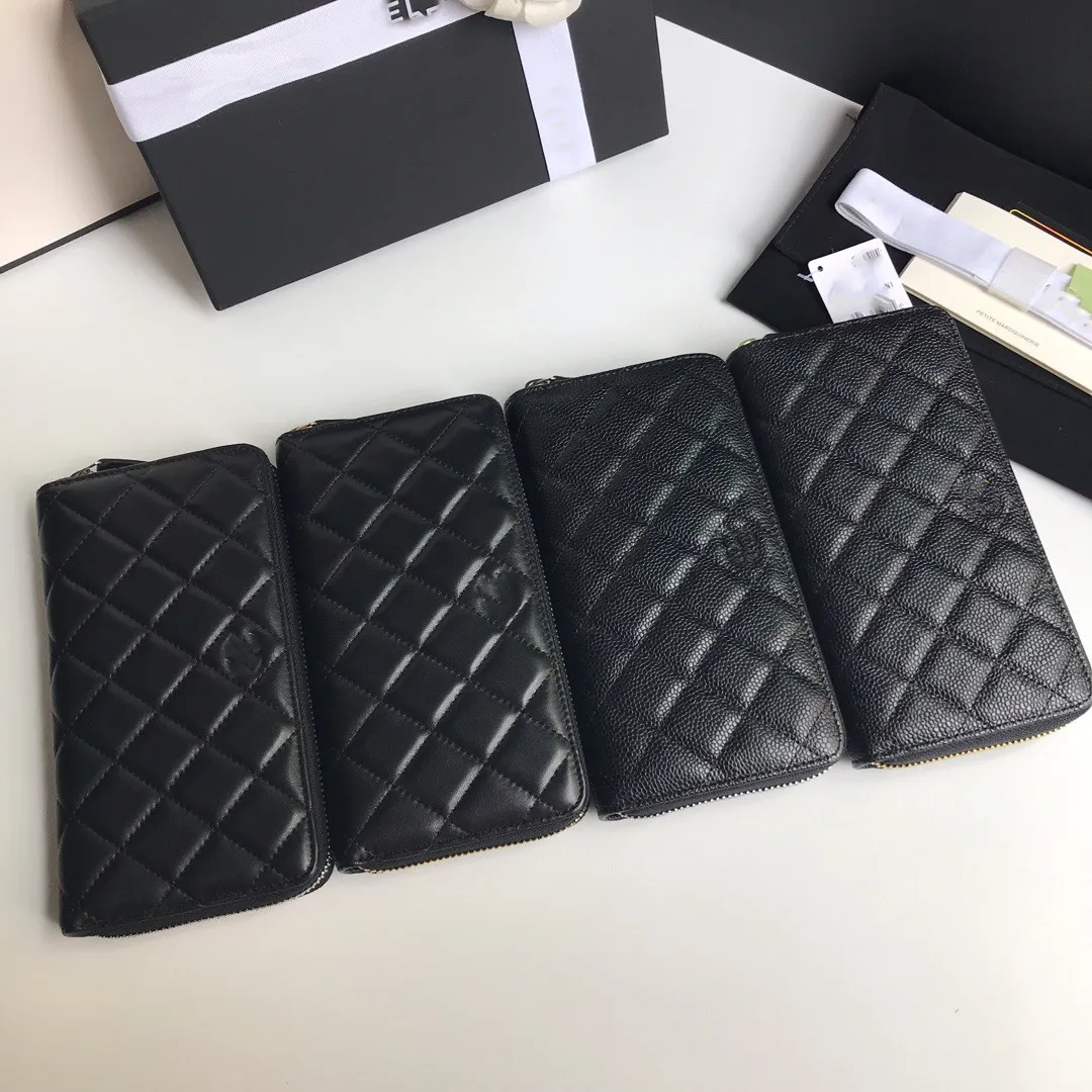 OUIO الايطالية قسط جلد مخلب محفظة نقود معدنية طويلة Caviar Business Card Holder Zippered Standard Wallet