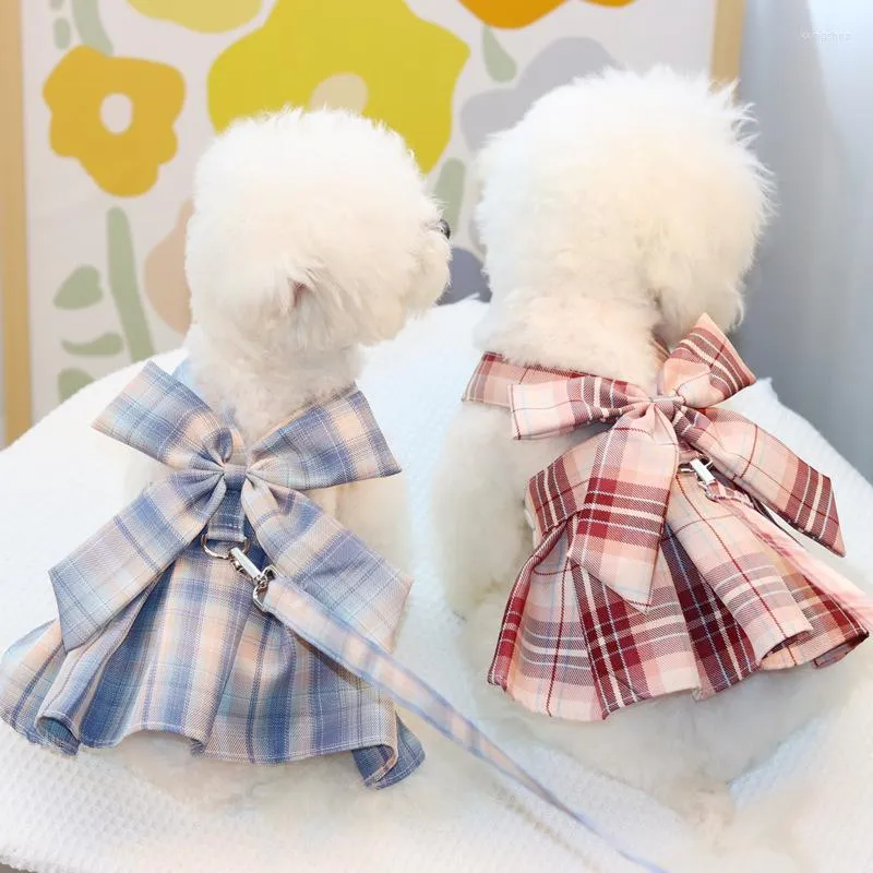 Colliers de chien Plaid Pet Dress Bow Tie Harnais Laisse Poitrine Et Dos Jupes Avec Teddy Princess Vêtements Jupe D'été Vêtements