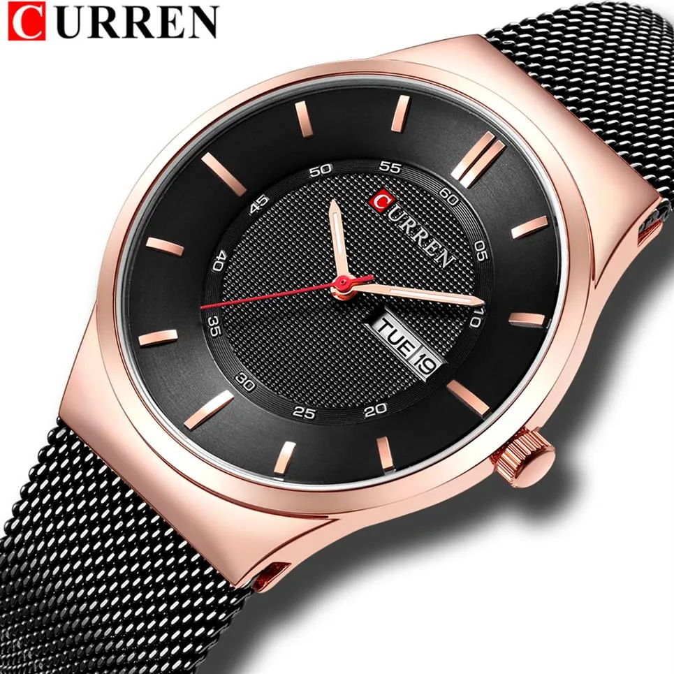 Hommes montre simple 2018 homme marque de mode CURREN décontracté affaires montre-bracelet à quartz avec semaine et date maille en acier Relojes Hombre255t