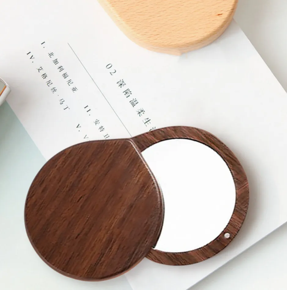 أحدث مرآة خشبية مكونة من 8 × 7 × 7.4 سم قابلة للطي قابلة للطي مرآة خشبية أحادية الجانب مع قلب خوخ العديد من الألوان للاختيار من بين الشعار المخصص للدعم