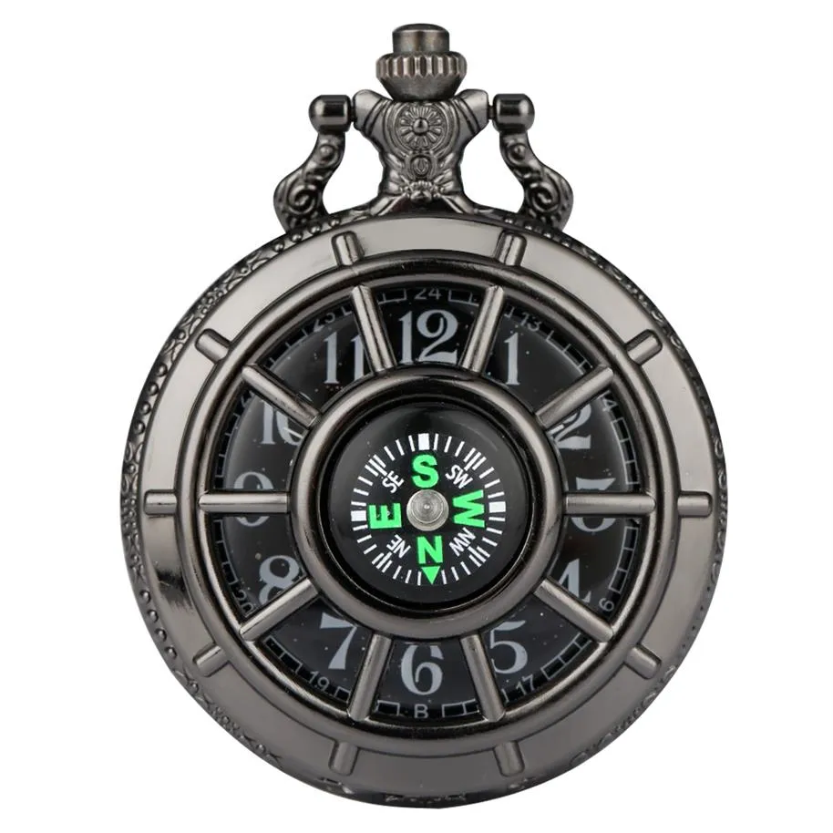 コンパススターリースカイクロックスチームパンクフォブネックレスペンダントウォッチチェーンギフトUnisex261pを備えたファッションブラックシルバークォーツ懐中時計