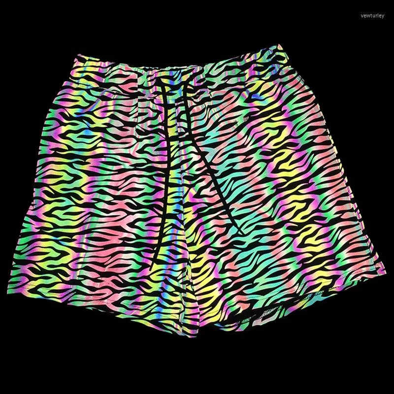 Mäns shorts färgglada zebra tryck reflekterande för män natt fluorescerande yoga jogging sport hip hop reflekterande ljuskläder